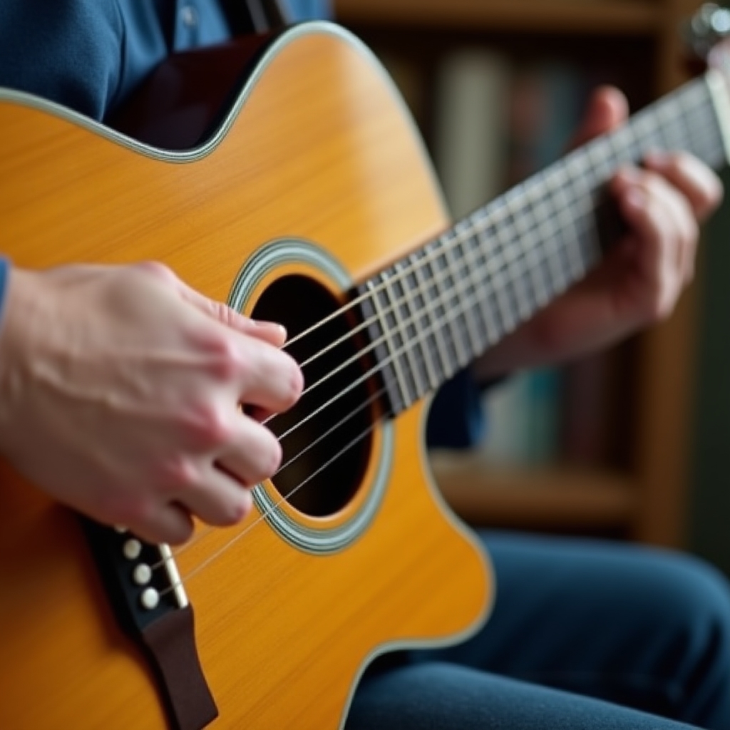Detail rúk na akustickej gitare počas výuky akordu